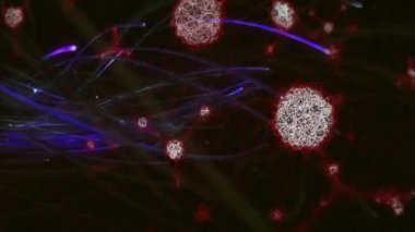 Soyut dijital parçacıkların animasyonu ve karanlık arkaplanda ağ oluşturan çizgiler. bağlantı, fütüristik, teknoloji, siber alan, veri