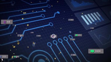 Mavi şebeke arka planında veri noktaları olan dijital devre kartının animasyonu. Teknoloji, elektronik, ağ, gelecek, yenilik, iletişim