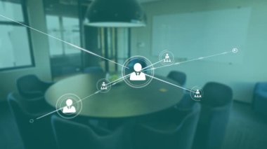 Ofis toplantı odasında bağlantılar ve veri işleme animasyonu ağı. Teknoloji, bağlantı, dijital, yenilik, takım çalışması, iletişim