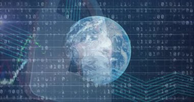 Finansal grafiklerle Dünya 'nın animasyonu ve küresel veri analizi için ikili kod. Finans, teknoloji, analitik, borsa, bilgi, yenilik