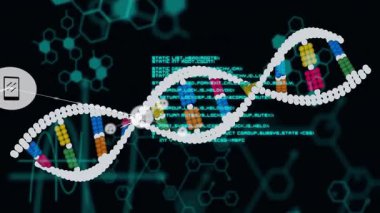 Bilimsel veri işleme görselleştirmesi için DNA ipliği ve ikili kodlama canlandırılıyor. Biyoteknoloji, genetik, biyoenformatik, sıralama, analiz, dijital