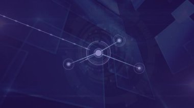 Soyut mavi arkaplan üzerinde bağlantılar ve veri işleme animasyonu ağı. Teknoloji, bağlantı, dijital, geleceksel, sanal