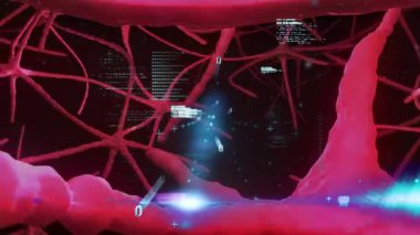 Dijital kod ve veri işleme elementleri üzerinde kırmızı sinirsel ağ animasyonu. Teknoloji, yapay zeka, makine eğitimi, siber güvenlik, fütüristik, yenilik