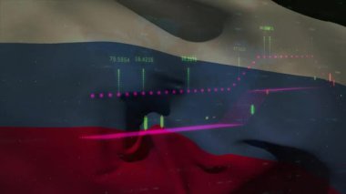 Rus bayraklarındaki finansal veri tablolarının ve grafiklerinin animasyonu. Maliye, ekonomi, analitik, yatırım, istatistik, para birimi