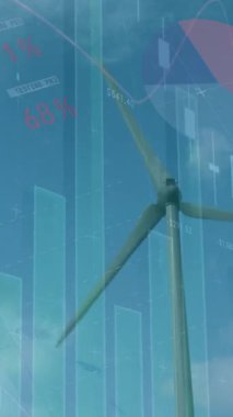 Rüzgar türbininin üzerindeki grafiklerin ve finansal verilerin animasyonu. finans, ekonomi, yenilenebilir kaynaklar ve dijital olarak üretilen enerji konsepti.