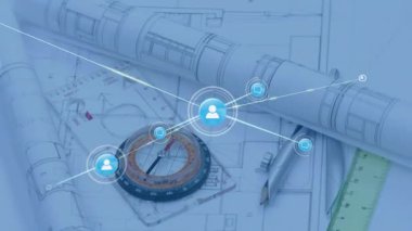 Planlar ve pusula dijital bağlantı animasyon ağıyla örtülü. Teknoloji, yenilik, mühendislik, planlama, mimari, bağlantı