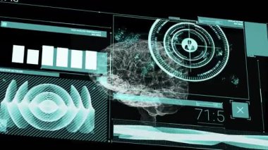 Veri analizi, grafikler ve ağ bağlantılarıyla dijital beynin animasyonu. Yapay zeka, makine öğrenme, siber güvenlik, sinirsel ağ, yenilik, teknoloji