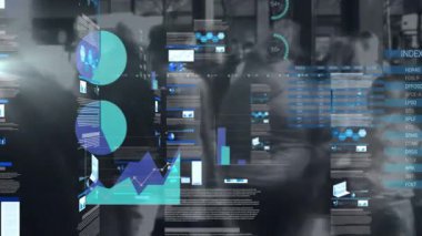 Bulanık arkaplan üzerinde veri analizi olan dijital çizelgeler ve grafikler canlandırılıyor. analitik, görselleştirme, istatistik, teknoloji, finans, bilgi