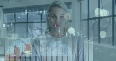 Finansal verileri ve grafikleri animasyonla örtüşen bir iş kadını. finans, analitik, teknoloji, mesleki, ekonomi, analiz