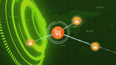 Alış veriş arabasının animasyonu ve dijital ağ haritası arka planındaki kilit simgeleri. E-ticaret, siber güvenlik, çevrimiçi alışveriş, koruma, küresel bağlantı