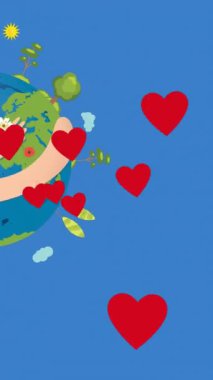 Animation of hearts floating over hands holding globe on blue background. global social media, connections and data processing concept digitally generated video.
