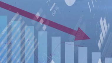 Dünya haritasının arka planında aşağı doğru okla düşen finansal grafiğin animasyonu. Maliye, durgunluk, küresel, ekonomi, düşüş, analitik