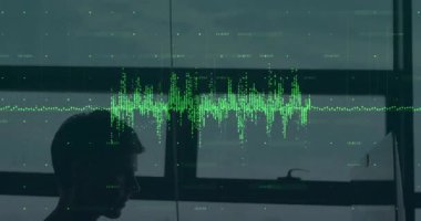 Pencerenin arkasında yeşil ses dalgası animasyonu olan birinin silueti. Müzik, teknoloji, dalga biçimi, ses, dijital, soyut