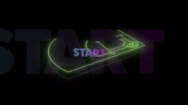Siyah zemin üzerinde neon yeşil stadyum çizgisi üzerinde renkli START metin animasyonu. Tipografi, canlı, tasarım, dijital, yaratıcı, çağdaş