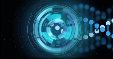 Okuldaki dönen mavi dairelerle gelecekteki dijital arayüzün animasyonu. Teknoloji, yenilik, soyut