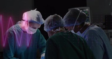 Cerrahlar hastane ortamında kalp atışı animasyonuyla ameliyat yapıyorlar. Cerrahi, sağlık, tıbbi, takım çalışması, hassasiyet, teknoloji