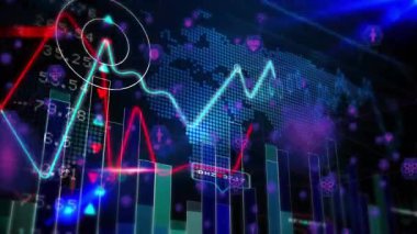 Değişen grafikler ve dijital dünya haritası animasyonu ile küresel finansal verileri görselleştirmek. Ekonomi, analitik, finans, küreselleşme, veri görselleştirme, istatistik