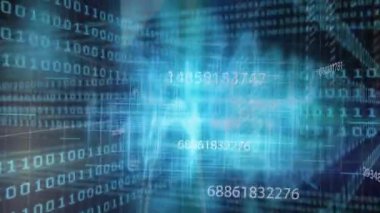 Mavi sanal animasyon uzayında yüzen dijital sayılar ve ikili kod. Teknoloji, fütürist, matris, siber uzay, soyutlama