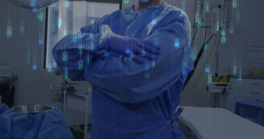 Dijital ikili kodlu ameliyathanede bir cerrah animasyonu örtüyor. Cerrahi, sağlık, teknoloji, yenilik, tıp, işletme