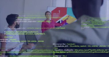 Veri analizi sunumu, animasyon ve kod kullanan iş kadını ofiste. analitik, teknoloji, yenilik, şirket, sunum, profesyonel