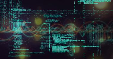 Renkli dalga formları ve kodlama metinleri ile dijital veri görselleştirme kavramı oluşturuluyor. Teknoloji, analitik, programlama, yenilik, soyut, fütürist