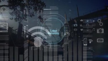 Dijital güvenlik simgeleri ve şehir manzarası üzerinde veri işleme animasyonu. Teknoloji, siber güvenlik, yenilik, ağ, fütüristik