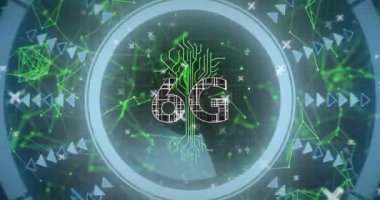 6G teknolojili animasyonu gösteren dijital şablonları olan devre kartı tasarımı. yenilik, bağlantı, kablosuz, fütüristik, telekomünikasyon, elektronik
