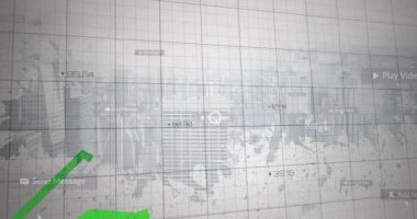 Şehir haritası üzerinde dijital veri etiketleriyle yeşil çizgi grafiğinin animasyonu. İş, analitik, finans, teknoloji, bilgi, kentsel