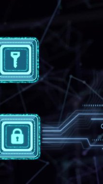 Bilgisayar devresi üzerinden çevrimiçi güvenlik anahtarıyla veri işleme animasyonu. küresel hesaplama, veri işleme, teknoloji ve dijital arayüz kavramı dijital olarak oluşturulmuş video.