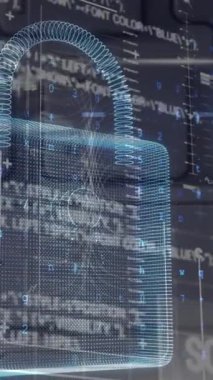 Donanmanın arka planında asma kilit ve veri işleme animasyonu. küresel iletişim ve veri güvenliği konsepti dijital olarak oluşturulmuş video.