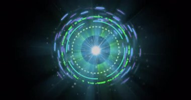 Canlı renkler ve ışıklarla parlayan dairesel arayüzün dinamik animasyonu. Teknoloji, fütüristik, dijital, yenilik, soyut, modern