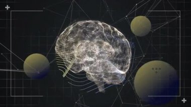 Koyu arkaplanda çizgiler ve geometrik şekilli beynin dijital animasyonu. Beyin fırtınası, sinir bilimi, teknoloji, fütüristik, dijital sanat, soyut
