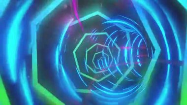 Parlayan mavi ve yeşil ışıkların derinlik yarattığı neon altıgen tünelin animasyonu. Gelecekçi, dijital, soyut, teknoloji