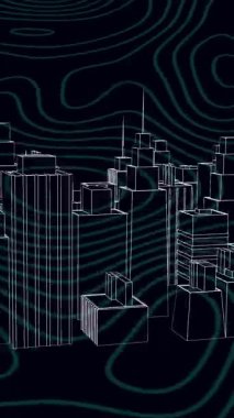 İzohipslerle siyah zemin üzerinde dönen metaevren şehir animasyonu. renk, hareket teknolojisi ve dijital arayüz konsepti dijital olarak oluşturulmuş video.