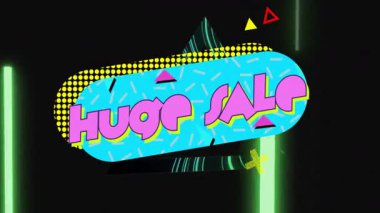 Siyah arkaplanda, geometrik şekilli renkli büyük satış metinlerinin animasyonu. Promosyon, indirim, reklam, afiş, pazarlama, canlı