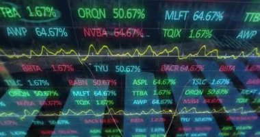 Değişen borsa grafikleri ve finansal eğilimleri gösteren verilerin animasyonu. Maliye, yatırım, ekonomi, analitik, uçuculuk, ticaret