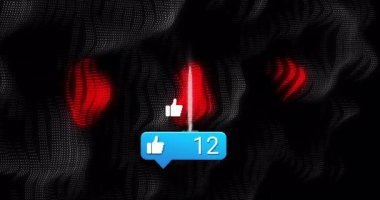 Kırmızı ve siyah arkaplan üzerinde 47 beğeni bulunan dijital başparmak işareti simgelerinin canlandırılması. Sosyal medya, onay, etkileşim, çevrimiçi, katılım