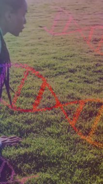 Parkta egzersiz yapan melez bir kadın üzerinde DNA iplikçiklerinin canlandırılması. sağlık ve zindelik kavramı dijital olarak oluşturulmuş video.