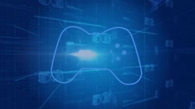 5G metin animasyonu oyun denetleyicisi ile dijital mavi teknoloji arkaplanı üzerinde. Telekomünikasyon, oyun, yenilik, bağlantı, geniş bant, fütüristik
