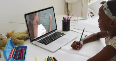 İnternette matematik öğrenmek, okulda denklemlerin animasyonuyla dizüstü bilgisayar kullanmak. E-öğrenme, dijital, teknoloji, matematik, çocuklar, eğitim