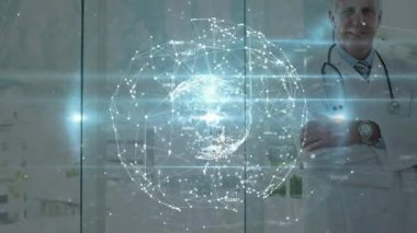 Okulda, beyaz önlüklü doktor dijital küre kaplamalı animasyon kullanıyordu. Tıp, teknoloji, eğitim, sağlık, yenilik, bilim