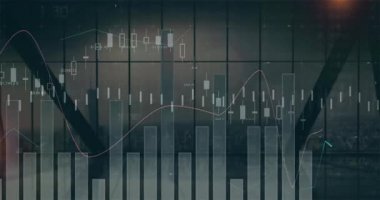 Şehir manzarası üzerindeki bar ve çizgi grafikleriyle finansal veri trendlerinin animasyonu. Maliye, veri analizi, büyüme, istatistik, dijital, ekonomi