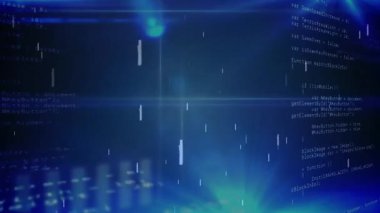 Koyu mavi dijital arkaplanda bilgisayar kodu ve yıldız animasyonu. Teknoloji, programlama, veri, gelecek, galaksi, sanal