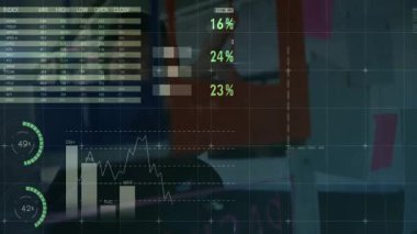 Veri analizi ve küresel istatistik animasyonu ofis içi arka planda. veri görselleştirme, finans, ekonomi, teknoloji, iş, yenilik
