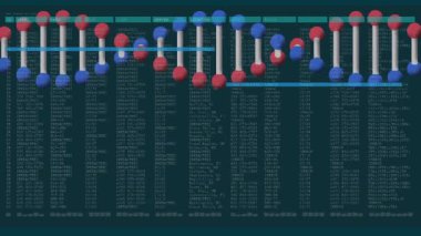 Dijital veri üzerinde moleküler yapı animasyonu ve koyu arkaplanda kod. Biyoteknoloji, yenilik, ağ, programlama, veri bilimi, araştırma