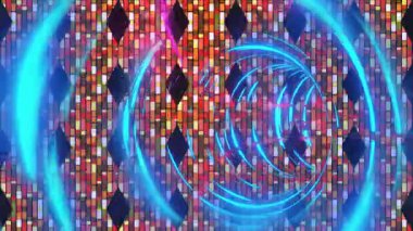 Renkli mozaik arkaplan üzerinde mavi neon ışıkları olan geometrik şekillerin animasyonu. Soyut, dijital, fütürist, modern, enerjik, dinamik