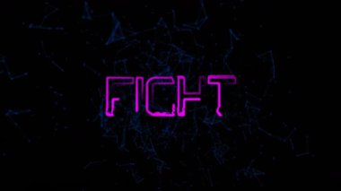 Animasyon koyu arkaplanlı mavi desenli parlak pembe dövüş metni. Tipografi, animasyon, neon, dijital, siber punk, fütüristik