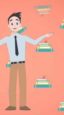 Okul simgeleri üzerinde konuşan bir adamın animasyonu. Ulusal danışmanlık ayı ve dijital olarak oluşturulan kutlama konsepti.