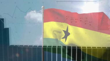 Finansal veriler ve çubuk grafik animasyonu üzerinde sallanan Ganalı bayrağı. Ekonomi, finans, analitik, yatırım, para birimi, ulusal