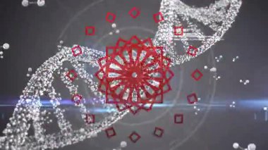DNA dizisi ve ikili kodlama, bilimsel verilerin animasyon tarzında işlenmesi. Biyoteknoloji, genetik, veri analizi, biyoenformatik, dijital, moleküler biyoloji